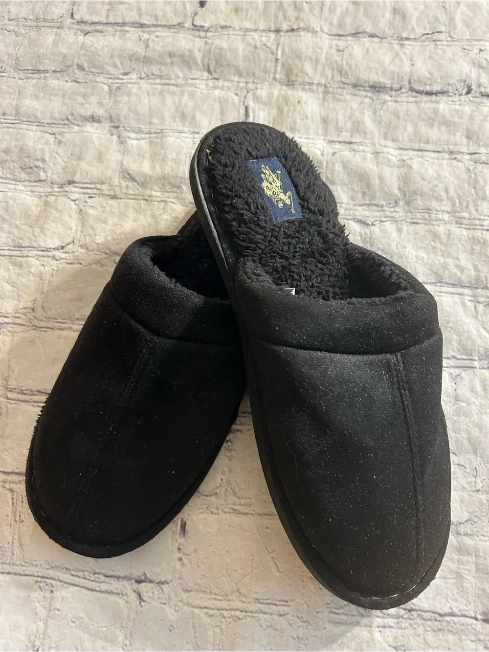 U.S.POLO ASSN. MENS BLACK SCUFF FUZZY FAUX SHEARLING LINING SLIPPERS LOGO 9/10